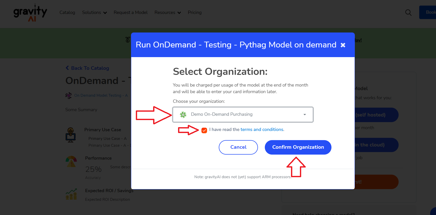 Select the organization you want to run the on-demand model